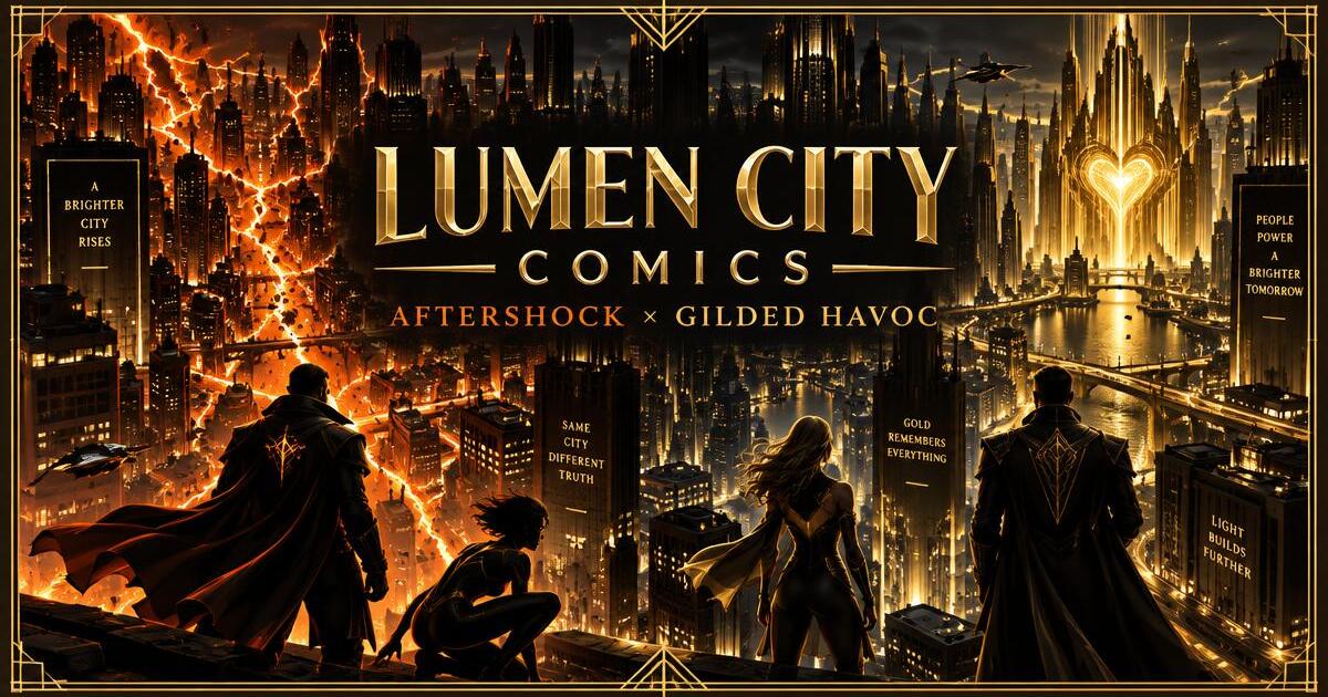 Lumen City at night, split between the orange Aftershock fracture and the golden Gilded Havoc vault